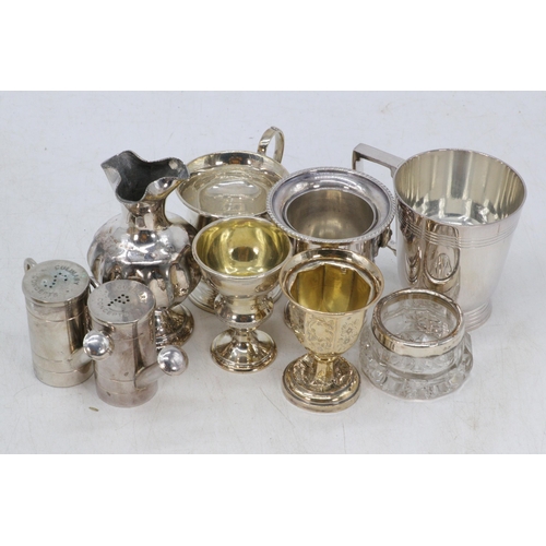 32 - Silver christening mug, egg cup and plated items