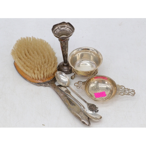 33 - Silver hallmarked hairbrush, silver small bowl, silver posy vase, silver tea strainer, two silver sp... 