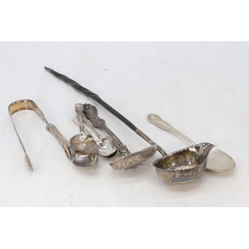 53 - Victorian silver hallmarked sifter spoons, three hallmarked spoons, silver sugar tongs, white metal ... 