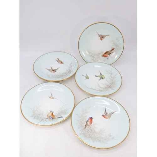 129 - Six plates with pale blue eggshell ground with gilt rim, decorated with birds, impressed marks to ba... 