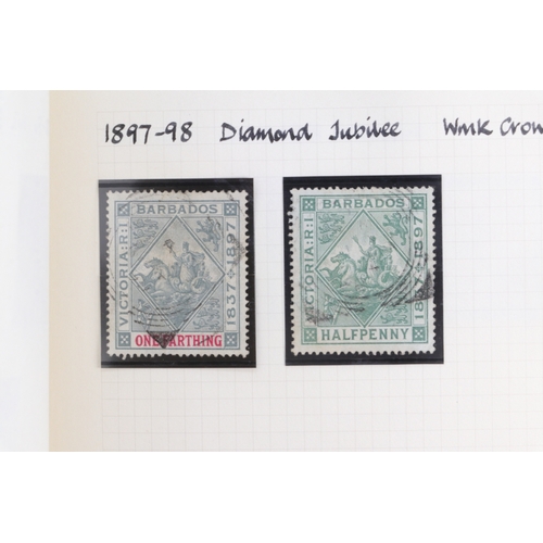 270 - Stamp Album QV and later including Barbados 1892 surcharge by West Indian press, Diamond Jubilee WMK... 