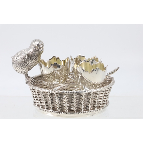 10 - Silver plated Mappin & Webb egg stand in the form of cracked chicken eggs and a chick standing on th... 