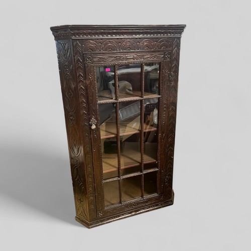 607 - Antique carved wall corner cupboard