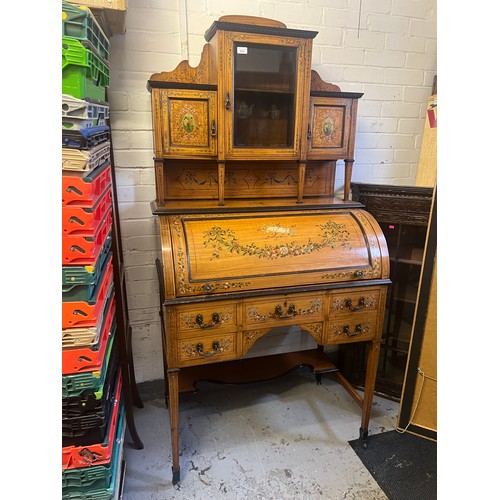 605 - Sheraton revival satinwood barrel bureau with raised top.