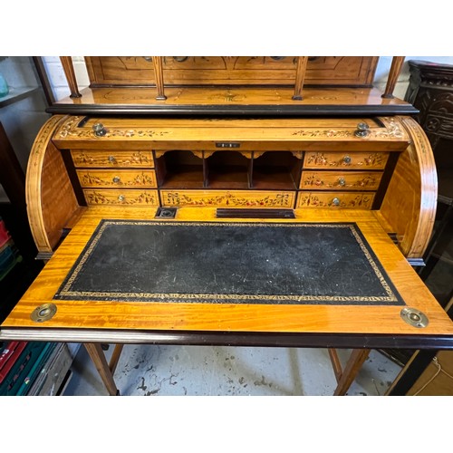 605 - Sheraton revival satinwood barrel bureau with raised top.