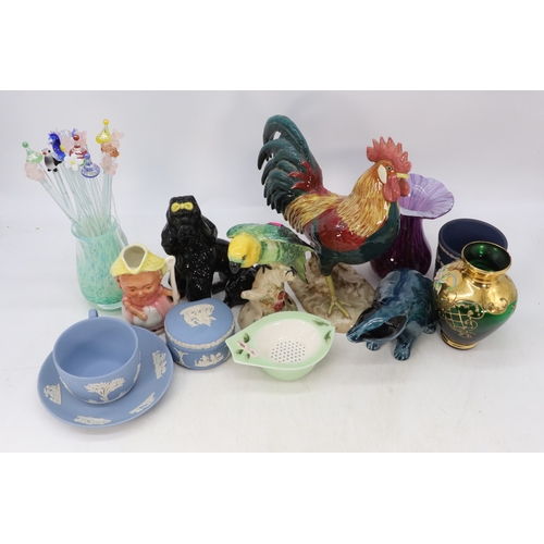 599 - Selection of glass cocktail stirrers, Poole Badger, Beswick 930 bird, Beswick leghorn (a/f), etc