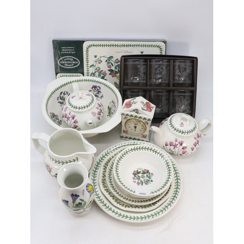 600 - A selection of Portmeirion including two teapots, jug and bowl, mantle clocks, tumblers, placemats e... 