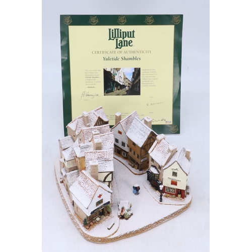 617 - Lilliput Lane L3053 Yuletide Shambles York illuminated limited edition with signed certificate (unte... 