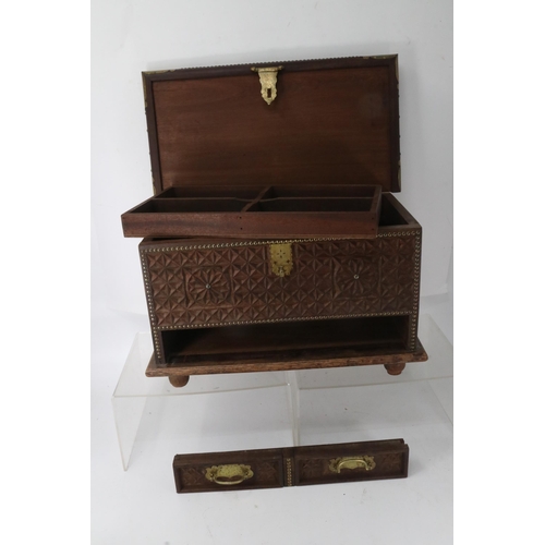 141 - Eastern decorative box with brass strapping and studding with top tray above compartment and faux dr... 