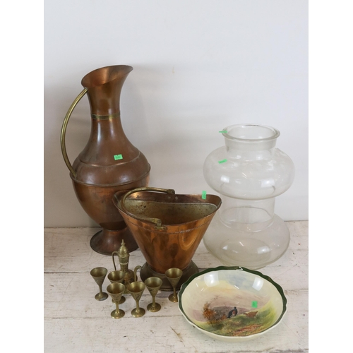 326 - A large vintage Chemist jar with no lid, a tall copper ewer, Doulton bowl etc