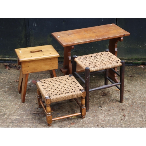 332 - Oak side table together with a varnished stool and two wicker stools