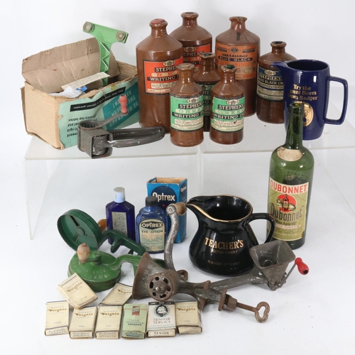 338 - A collection of Stephens Ink bottles together with various bean slicers, Optrex bottles, cigarette p... 