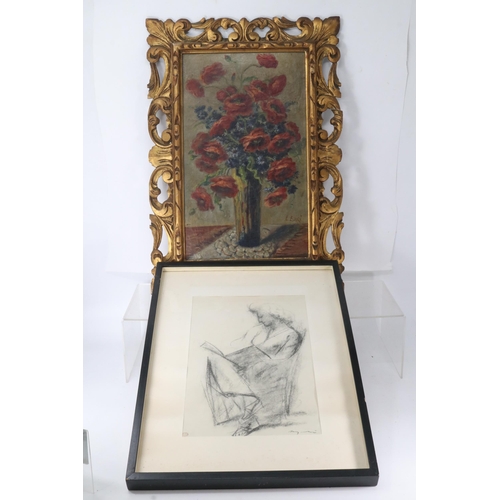 396 - Oil on canvas of a vase of flowers by E Esanzi? in gilt frame together with a charcoal drawing? of a... 