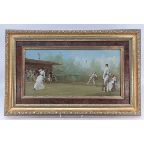 466 - Oil on copper panel of a tennis match signed C.M