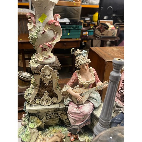 469 - Ceramics elephant seat, two Capodimonte style large figures (a/f), Lladro (a/f), brass electric oil ... 