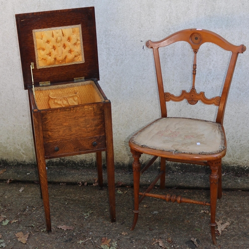 515 - Antique upholstered bedroom chair together with a utility era sewing box on legs