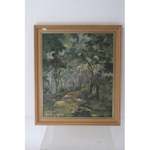 158B - Three oil scenes of tress by Sidney Restall together with a forest scene Lewis Creighton