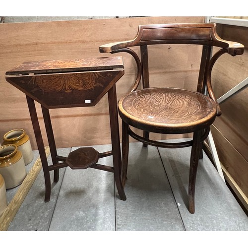 327 - Poker work drop leaf side table together with a continental bentwood chair