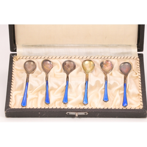 24 - A cased set of six Danish? sterling and enamelled spice spoons