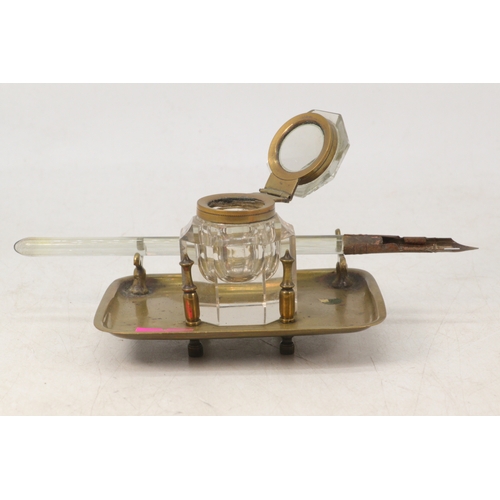 40 - Antique glass inkwell on brass stand with glass stemmed fountain style pen