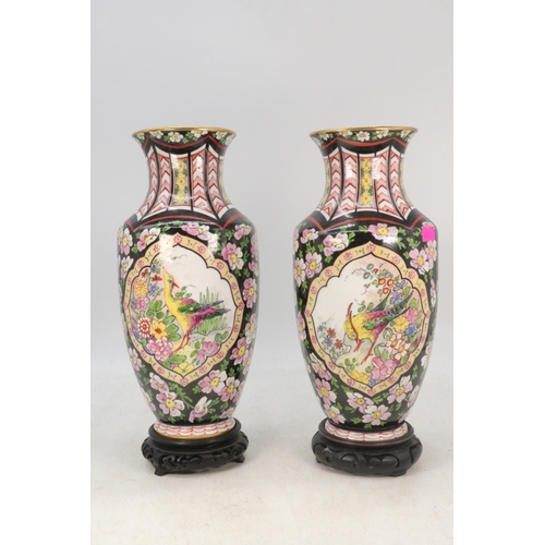 56 - Pair of decorative Continental vases both signed to base, Meissen? Birds of paradise (approx. 28cm t... 