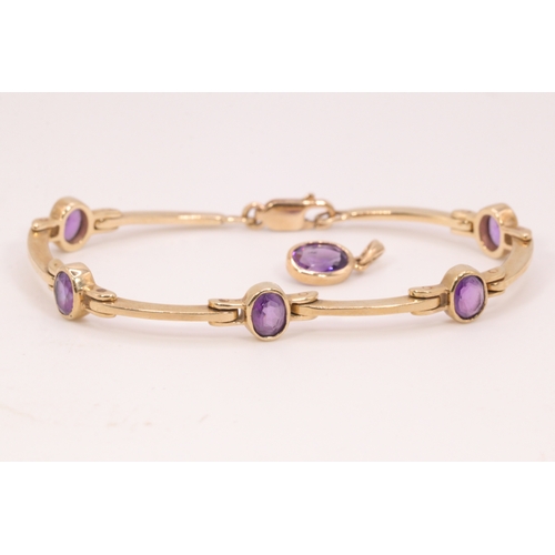 135 - A 9ct gold linked bracelet set with 5 Amethyst together with matching pendant