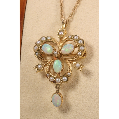 137 - 9ct gold chain with pendant set with opals and seed pearls and a pair of similar earrings.