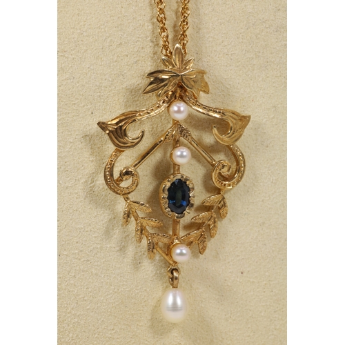 144 - 9ct gold pendant set with Sapphire and seed pearls together with matching earrings, and a 9ct gold f... 