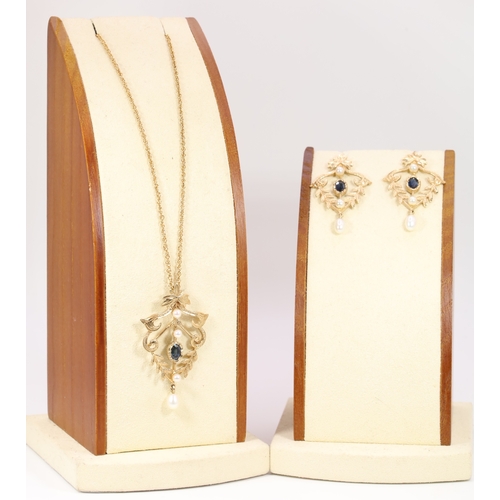 144 - 9ct gold pendant set with Sapphire and seed pearls together with matching earrings, and a 9ct gold f... 