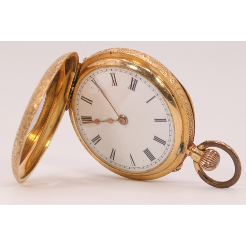 153 - 18ct gold half hunter ladies pocket watch engraved with blue enamel dials