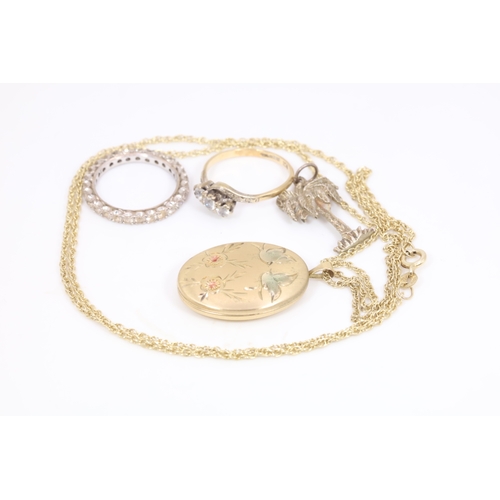 167 - A 9ct gold ring, unmarked eternity ring, 925 sterling gilt chain with plated locket, and a white met... 