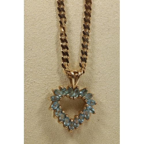 192 - 9ct Gold chain with blue stone heart pendant, and a pair of matching earrings.