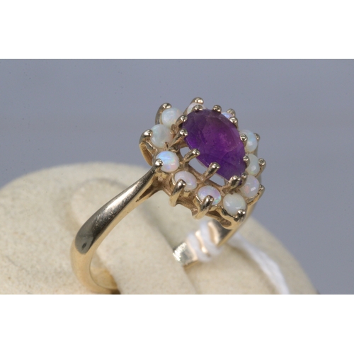 200 - 9ct gold pear drop amethyst and opal cluster ring; approx. size Q/R