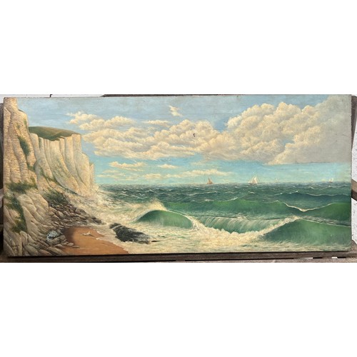 252 - An oil painting believed to be of West Bay by R. Steele dated 1925, approx. 112cm wide by 51cm high