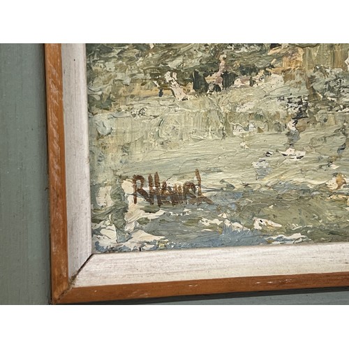 392 - R. Hewish (1929) impressionist oil on board of a woodland with a stream (approx. 28cm x 21cm) togeth... 