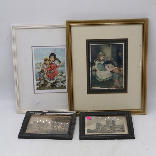 446 - Selection of assorted pictures and prints to include etching of Lulworth Cove, and a vintage suitcas... 