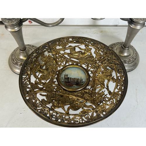 448 - Antique metal brass oxidised pierced tazza with central picture of parliament house together with tw... 