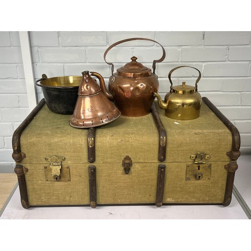 474 - A vintage canvas covered trunk, brass jam pan, copper kettle, brass kettle etc