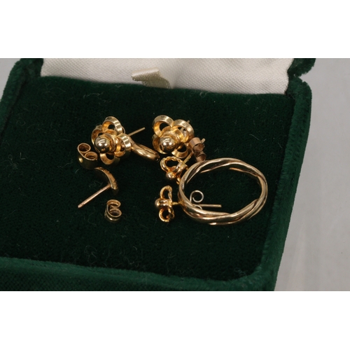 196 - 9ct gold twist ring, pair of 9ct gold earrings another small similar pair etc