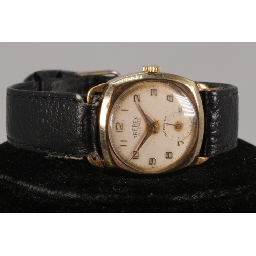 203 - 9ct gold cased Trebex wristwatch with leather strap