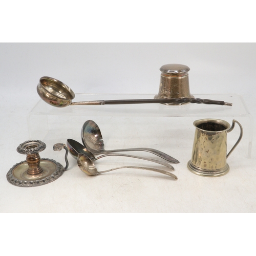 22 - Two small silver ladles, antique wine pourer, plated candlestick, plated tankard and a weighted silv... 