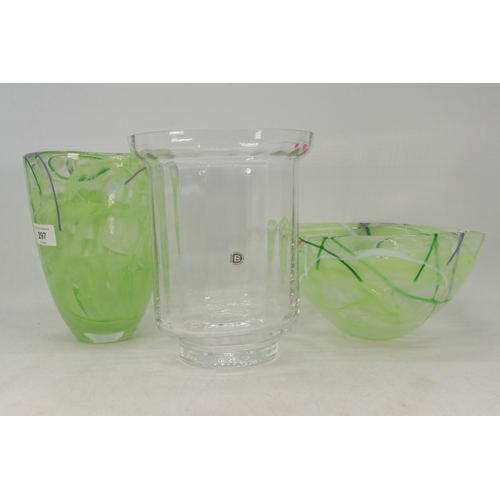 297 - A Kosta bowl green glass vase together with a Kosta Boda green glass bowl and a Dartington glass vas... 