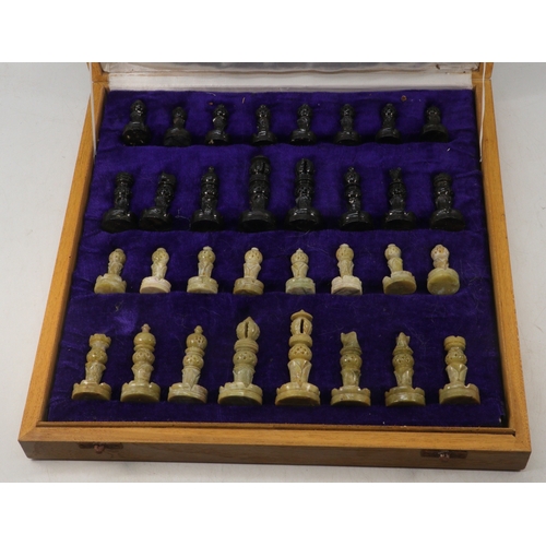 401 - Soapstone chess set (chess board measures 36cm x 36cm)