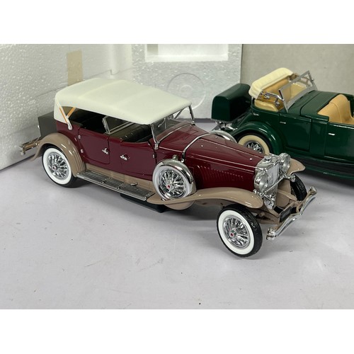 617 - Franklin Mint Mercedes 500K roadster together with 1930 Duesenburg and a Danbury Mint Cadillac