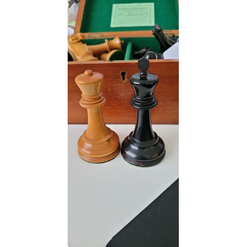 89 - Antique Jaques chess set in original mahogany box. top missing off the White king. (box measures app... 