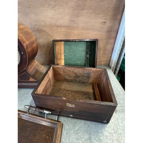 87 - Antique mahogany mantle clock, Flynn and Co Coventry, together with a smaller clock, two brush slide... 