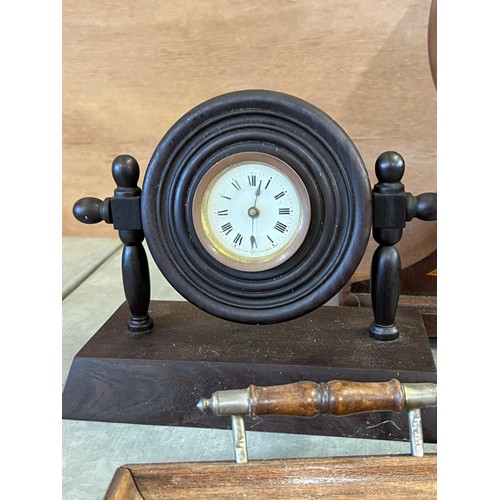 87 - Antique mahogany mantle clock, Flynn and Co Coventry, together with a smaller clock, two brush slide... 