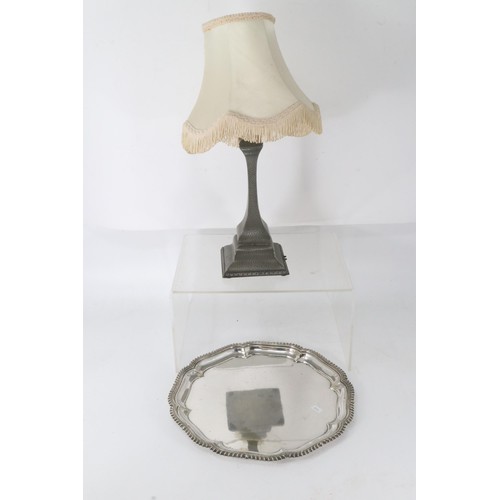 9 - Set of post office scales with a quantity of weights together with Electric pewter table lamp (no le... 