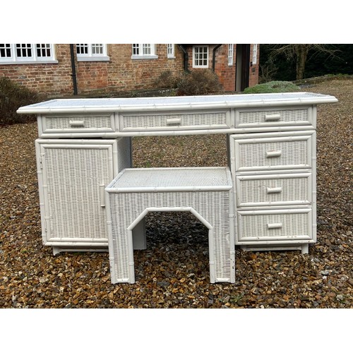 105 - Painted rattan dressing table with matching stool, top sits on pedestal bases