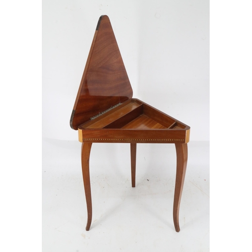 111 - Triangular shaped musical sewing box with marquetry top.